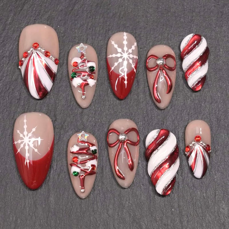 YKZFUI 30Pcs Handmade Christmas Press on Nails Medium Almond Fake Nails with 3D Rhinestones Jewelry Design Red French False Nails Cute Bow & Snow Full Cover Shiny Stripes Artificial Acrylic Nails for Women - Image 3